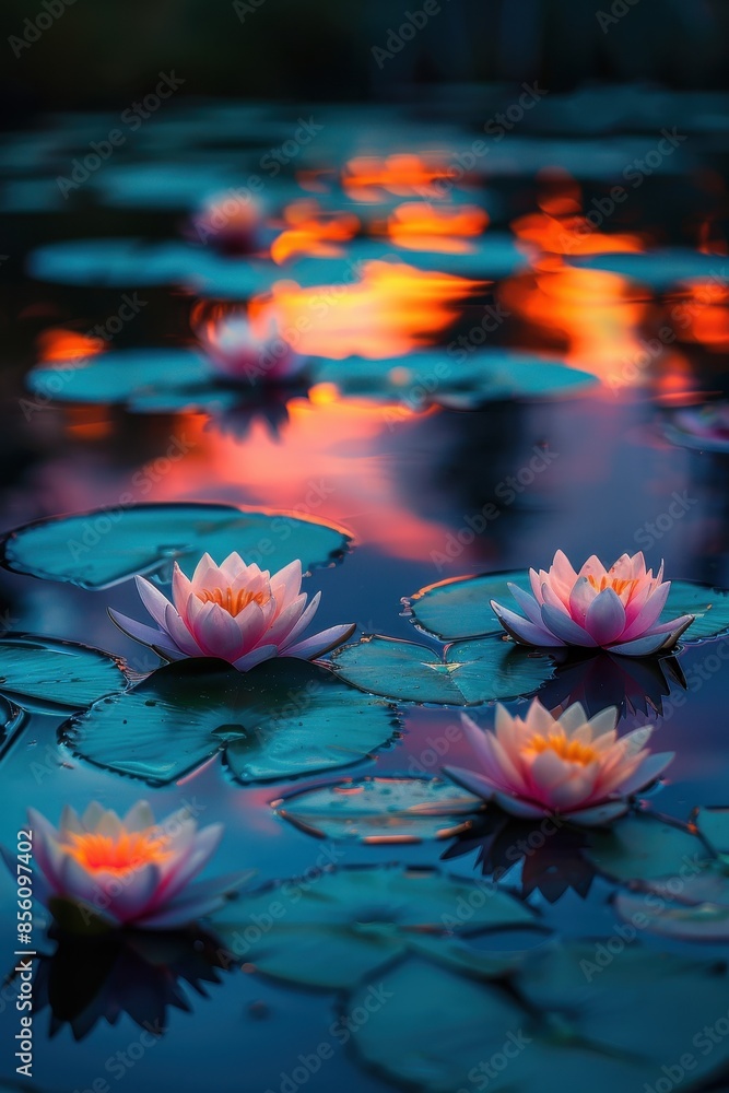 Water Lilies Blossom in a Serene Pond at Sunset Water Lilies Blossom in a Serene Pond at Sunset