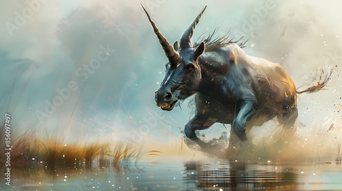 Majestic black unicorn galloping through misty wetlands, exuding a mystical aura in a surreal fantasy landscape.