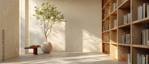 Minimalist interior with wooden bookshelves, potted plant, and natural light entering through large windows create a serene reading space.