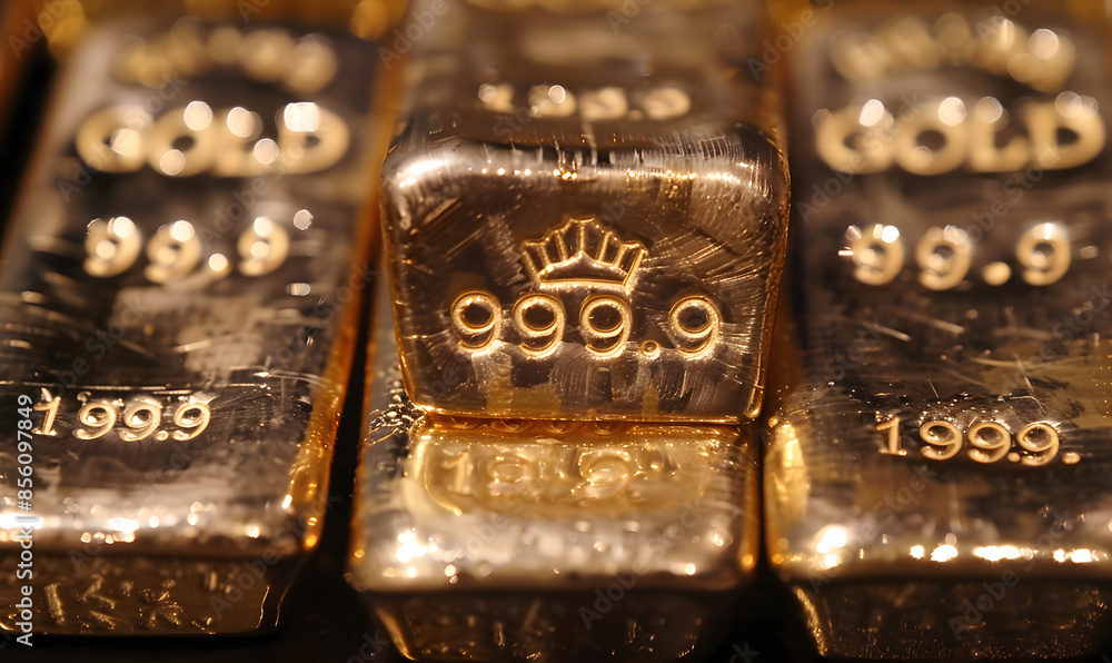 Close-up of gold bars with intricate engravings, reflecting ambient light, symbolizing luxury and stability Close-up of gold bars with intricate engravings, reflecting ambient light, symbolizing luxury and stability