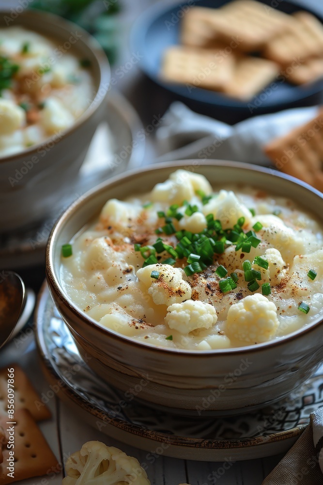 Creamy Cauliflower Soup with Crackers and Fresh Herbs Creamy Cauliflower Soup with Crackers and Fresh Herbs