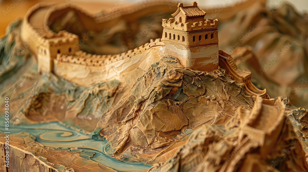 Fototapeta premium Great Wall of China in clay, rustic style, earthy colors, detailed textures, historical feel