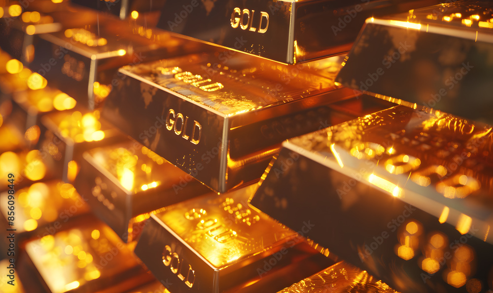 Close-up of gold bars with intricate engravings, reflecting ambient light, symbolizing luxury and stability Close-up of gold bars with intricate engravings, reflecting ambient light, symbolizing luxury and stability