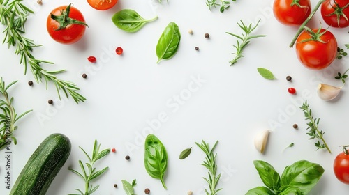 Fresh vegetables and herbs on white background symbolize health and nutrition Ample space for text