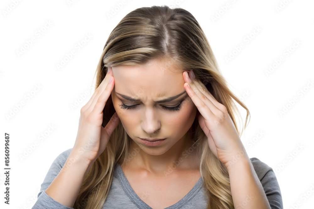 Young woman experiencing a headache,
holding her forehead in discomfort isolated on white background Young woman experiencing a headache,
holding her forehead in discomfort isolated on white background