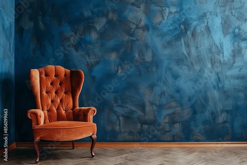 A single luxurious orange velvet armchair against a textured blue abstract wallpaper background, perfect for a sophisticated interior photo