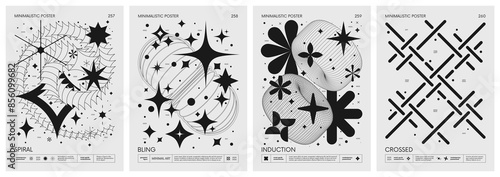 Brutalist style vector minimalistic Posters with silhouette basic figures, Retro futuristic graphic elements of geometrical shapes rave composition, Modern monochrome print artwork, set 65