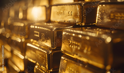 Close-up of gold bars with intricate engravings, reflecting ambient light, symbolizing luxury and stability