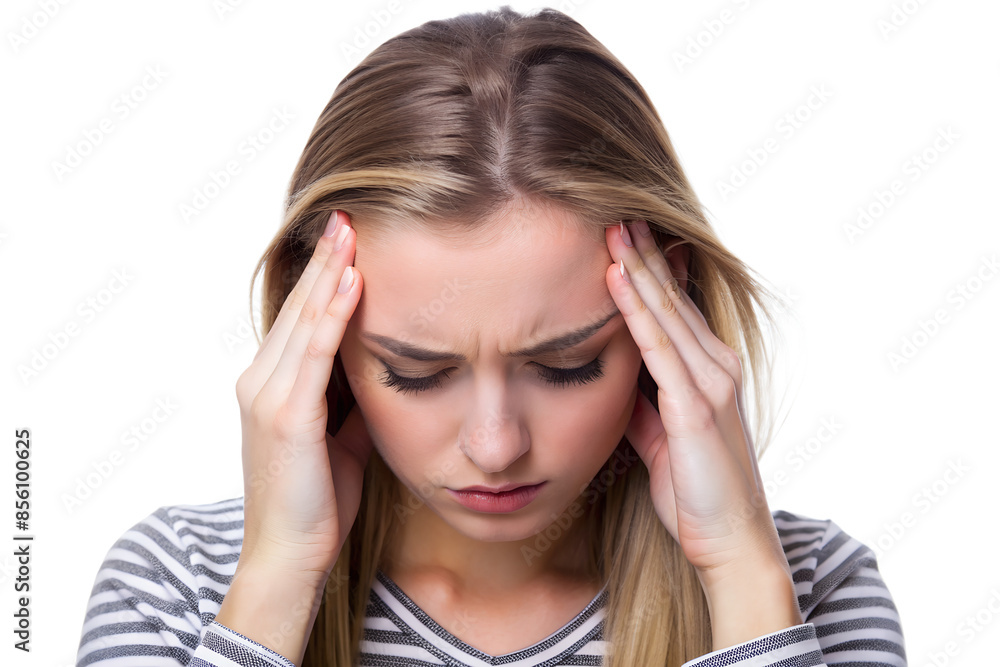 Young woman experiencing a headache,
holding her forehead in discomfort isolated on white background Young woman experiencing a headache,
holding her forehead in discomfort isolated on white background