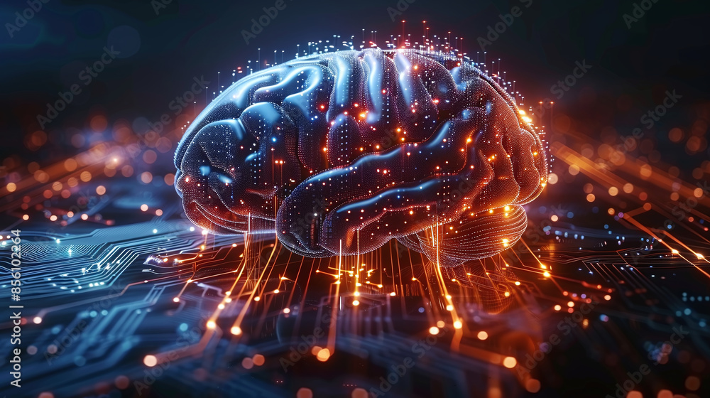 Concept of Big Data and Artificial Intelligence. The human brain shines ...