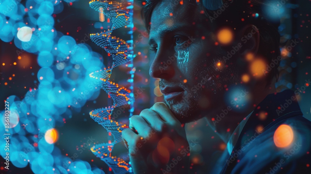 A man is looking at a blue and red spiral A man is looking at a blue and red spiral