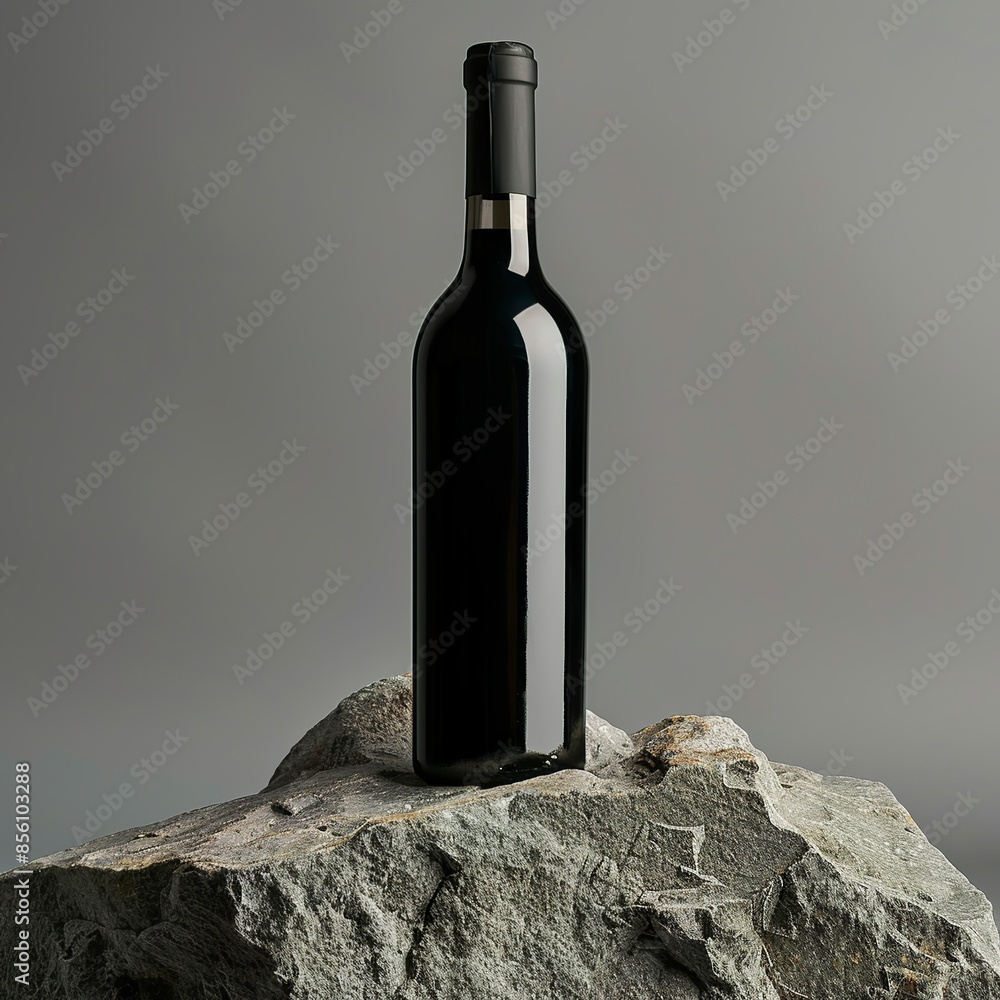 An wine bottle positioned on a rugged stone,light gray background, style minimalistic An wine bottle positioned on a rugged stone,light gray background, style minimalistic