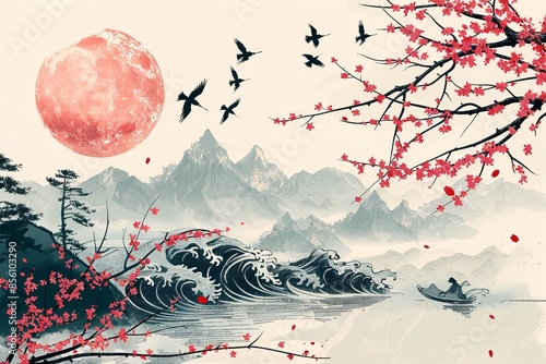 An Asian-inspired landscape with a red moon creates an artistic wallpaper and abstract background, hinting at mythology photo