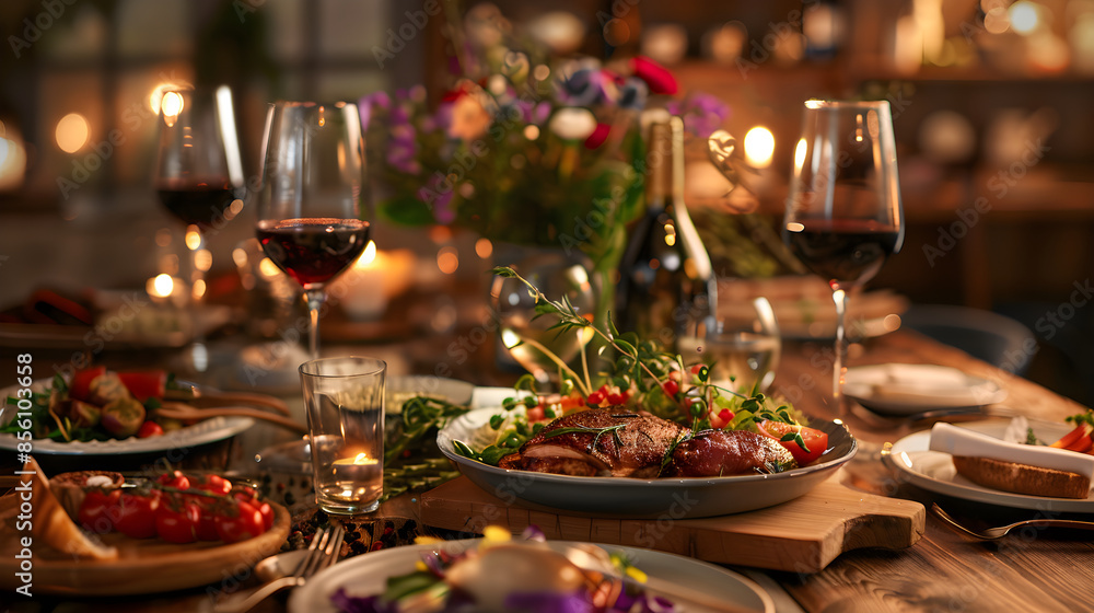 Rustic Elegance: An Intimate Dinner Setting with Sumptuous Dishes and Warm Ambiance Rustic Elegance: An Intimate Dinner Setting with Sumptuous Dishes and Warm Ambiance