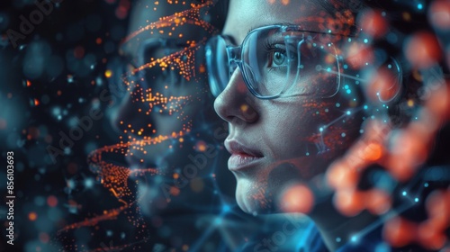 A woman with glasses looking at a computer screen with a blue