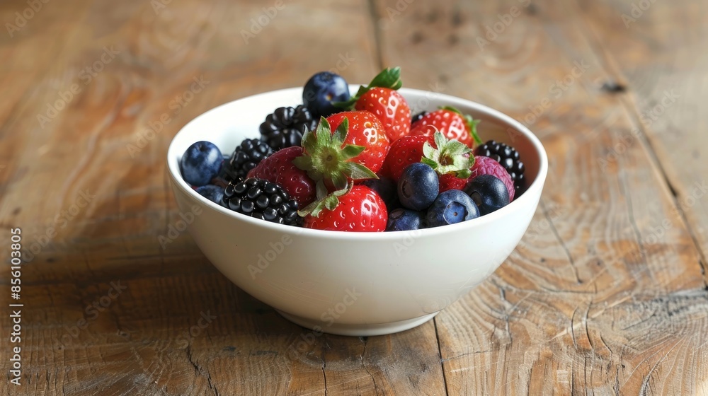 Assortment of berries in a white bowl on a wooden surface Assortment of berries in a white bowl on a wooden surface