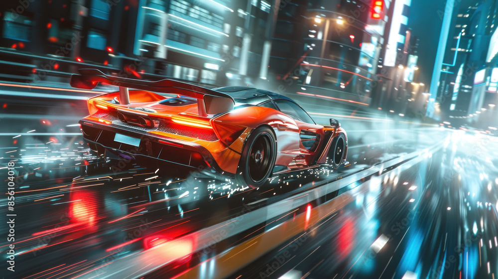Orange supercar racing through bright city at night Orange supercar racing through bright city at night