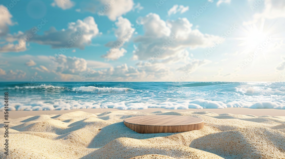 Summer beach scene with a 3D podium on golden sand showcasing products against a backdrop of the ocean and clear blue sky Summer beach scene with a 3D podium on golden sand showcasing products against a backdrop of the ocean and clear blue sky
