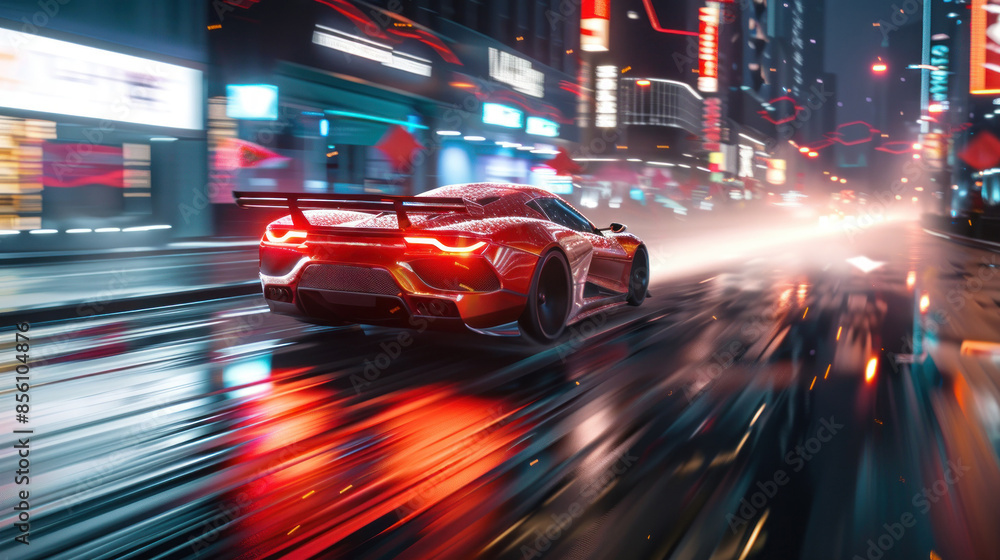 Sports Car Speeding Through Neon City Sports Car Speeding Through Neon City