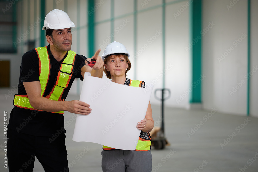workers or engineers planning from work on blueprint drawing paper and pointing to something in the factory workers or engineers planning from work on blueprint drawing paper and pointing to something in the factory