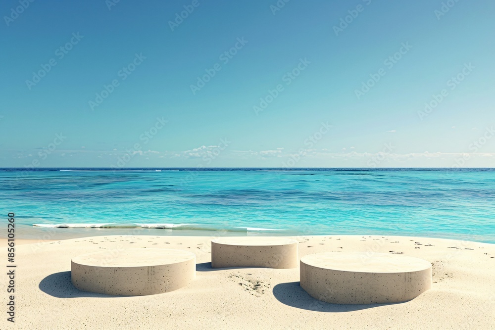 Summer beach scene with a 3D podium on sandy shores showcasing products against a serene backdrop of the ocean and clear blue sky Summer beach scene with a 3D podium on sandy shores showcasing products against a serene backdrop of the ocean and clear blue sky