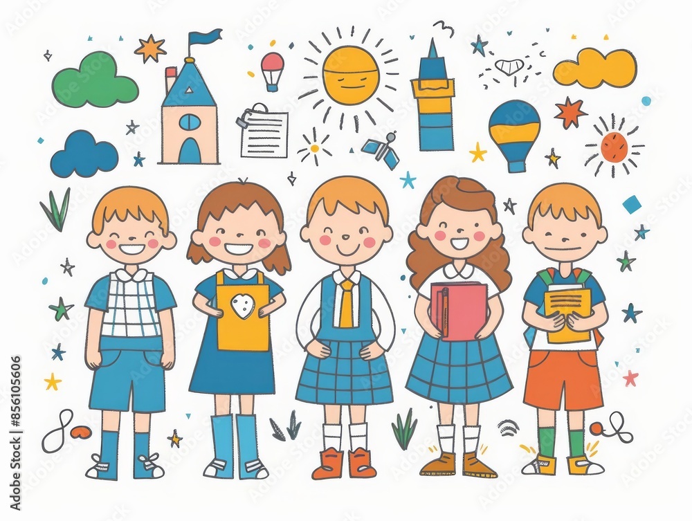schoolchildren are happy, a flat line illustration on a white background schoolchildren are happy, a flat line illustration on a white background
