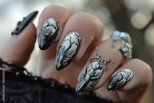 Elegant Black and White Nail Art with Silhouetted Trees photo