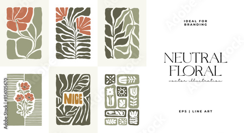 Floral abstract elements. Botanical composition. Modern trendy Matisse minimal style. Floral poster, invite. Vector arrangements for greeting card or invitation design