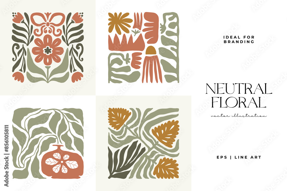 Floral abstract elements. Botanical composition. Modern trendy Matisse minimal style. Floral poster, invite. Vector arrangements for greeting card or invitation design Floral abstract elements. Botanical composition. Modern trendy Matisse minimal style. Floral poster, invite. Vector arrangements for greeting card or invitation design