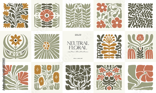 Floral abstract elements. Botanical composition. Modern trendy Matisse minimal style. Floral poster, invite. Vector arrangements for greeting card or invitation design