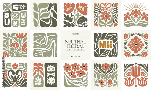 Floral abstract elements. Botanical composition. Modern trendy Matisse minimal style. Floral poster, invite. Vector arrangements for greeting card or invitation design