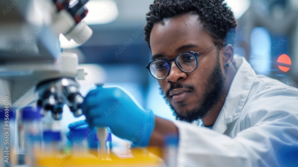 A man in a lab coat is looking at a microscope A man in a lab coat is looking at a microscope