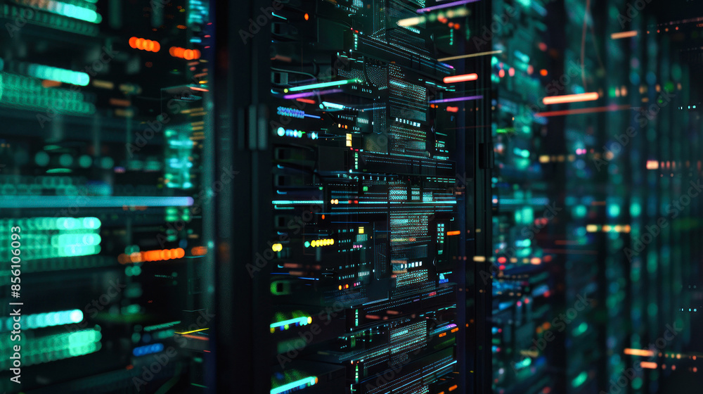 Vibrant data center with multicolored lights and servers Vibrant data center with multicolored lights and servers