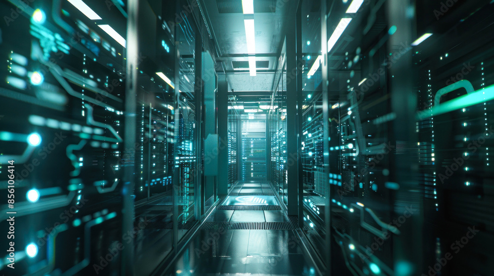 Fototapeta premium Neon-lit server racks in a modern data center