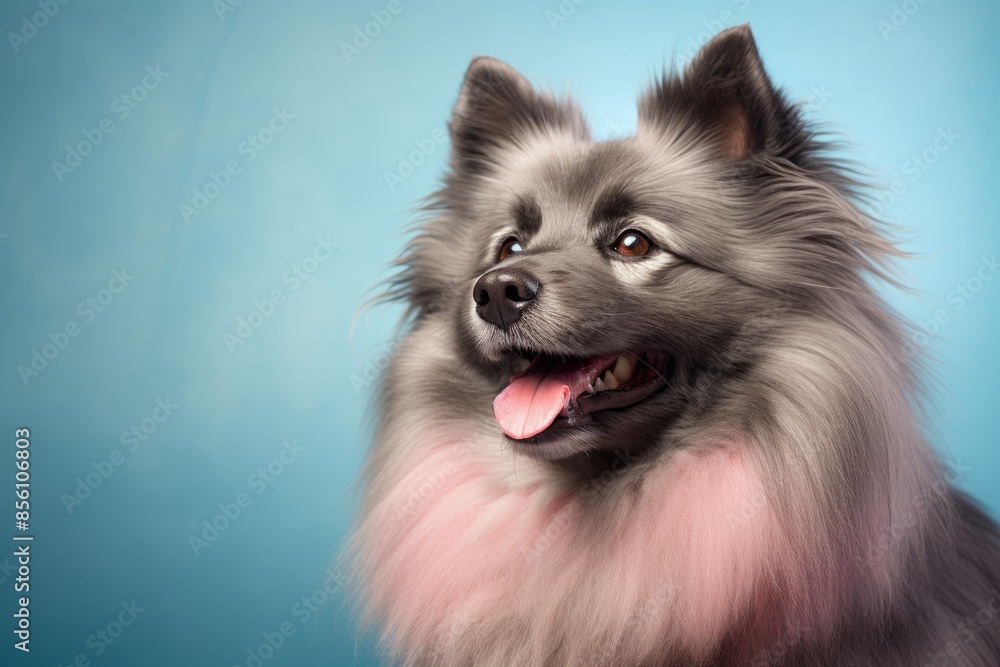 Portrait of a happy keeshond isolated in pastel or soft colors background Portrait of a happy keeshond isolated in pastel or soft colors background