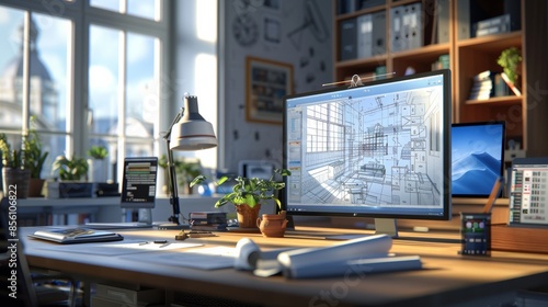 An architect's office with intricate blueprints, 3D models, and architectural software on a large table, surrounded by a minimalist design. Created with Generative AI.