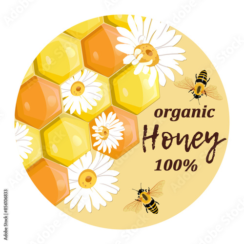 Honeycomb with daisy. Sweet honey and bees. Logo for shop or bakery. .