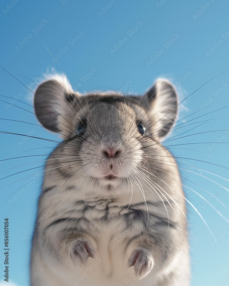 A charming close-up image of a chinchilla with details of its furry texture and whiskers against a blue sky A charming close-up image of a chinchilla with details of its furry texture and whiskers against a blue sky
