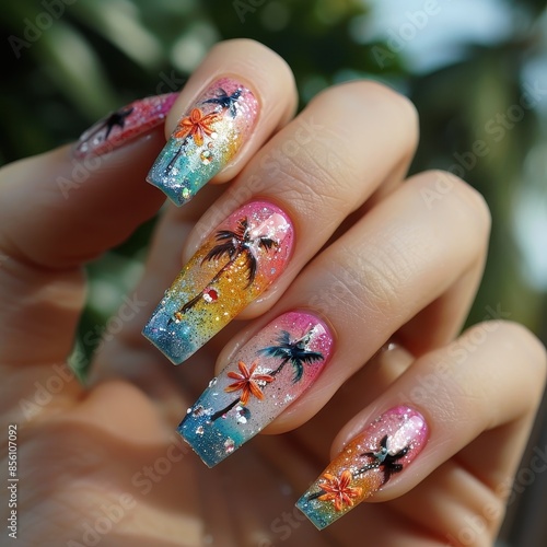 Summer Nail Art with Palm Trees and Sunset Colors