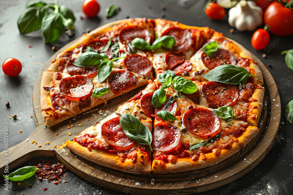 View of pizza and toppings and condiments on dark background. View of pizza and toppings and condiments on dark background.