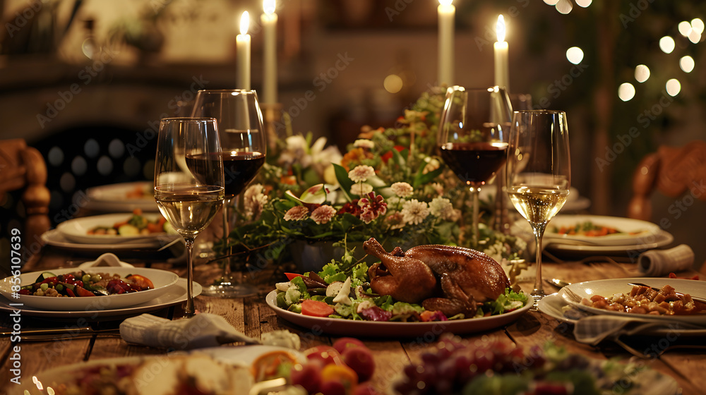 Rustic Elegance: An Intimate Dinner Setting with Sumptuous Dishes and Warm Ambiance Rustic Elegance: An Intimate Dinner Setting with Sumptuous Dishes and Warm Ambiance