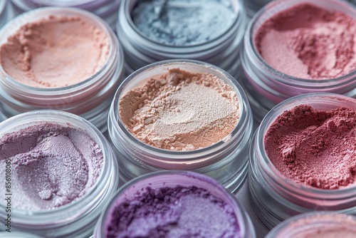 Various makeup powder colors in jars, beauty products concept
