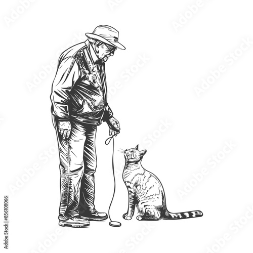 Sketch of a Man and Cat: Leash Training, Hand-Drawn Style
