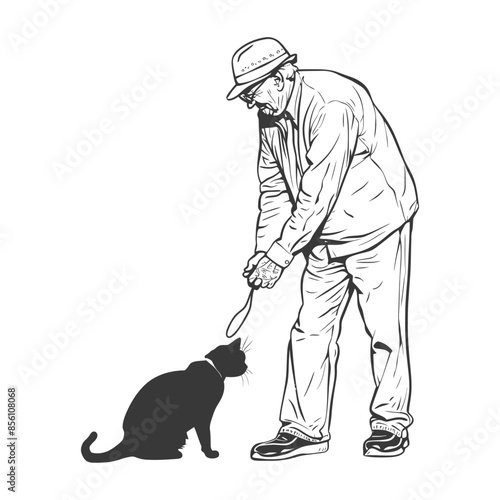 Old Man Teasing Cat: Hand-Drawn Vector Sketch, Generational Bond, Monochrome.