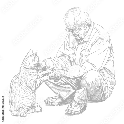 Elderly Man Squatting, Interacting with Upright Tabby Cat: Detailed Pencil Sketch.