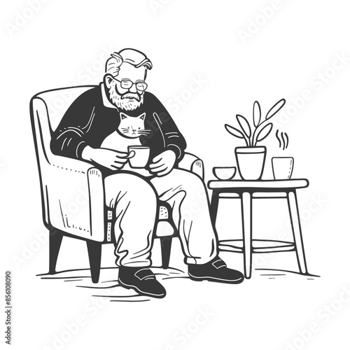 Grandfather with Cat Mug Relaxing in Chair, Cozy Home Vector Illustration