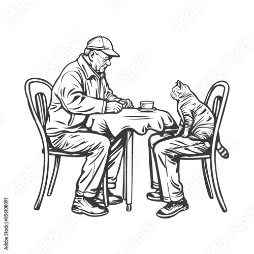 Elderly man shares coffee with cat, line art drawing.