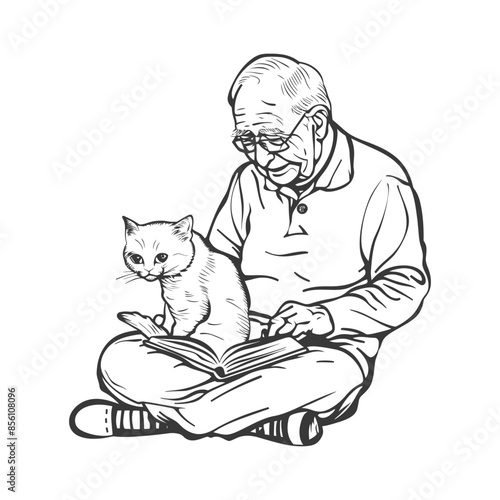 Elderly Man Reading with Cat, Cross-Legged, Sketch Illustration, Pet Companionship.