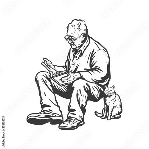 Elderly man reading with attentive cat, monochrome sketch illustration.