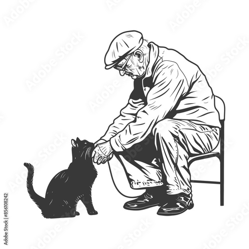 Ink Sketch: Elderly Man in Cap Petting a Black Cat, Nostalgic Bond.